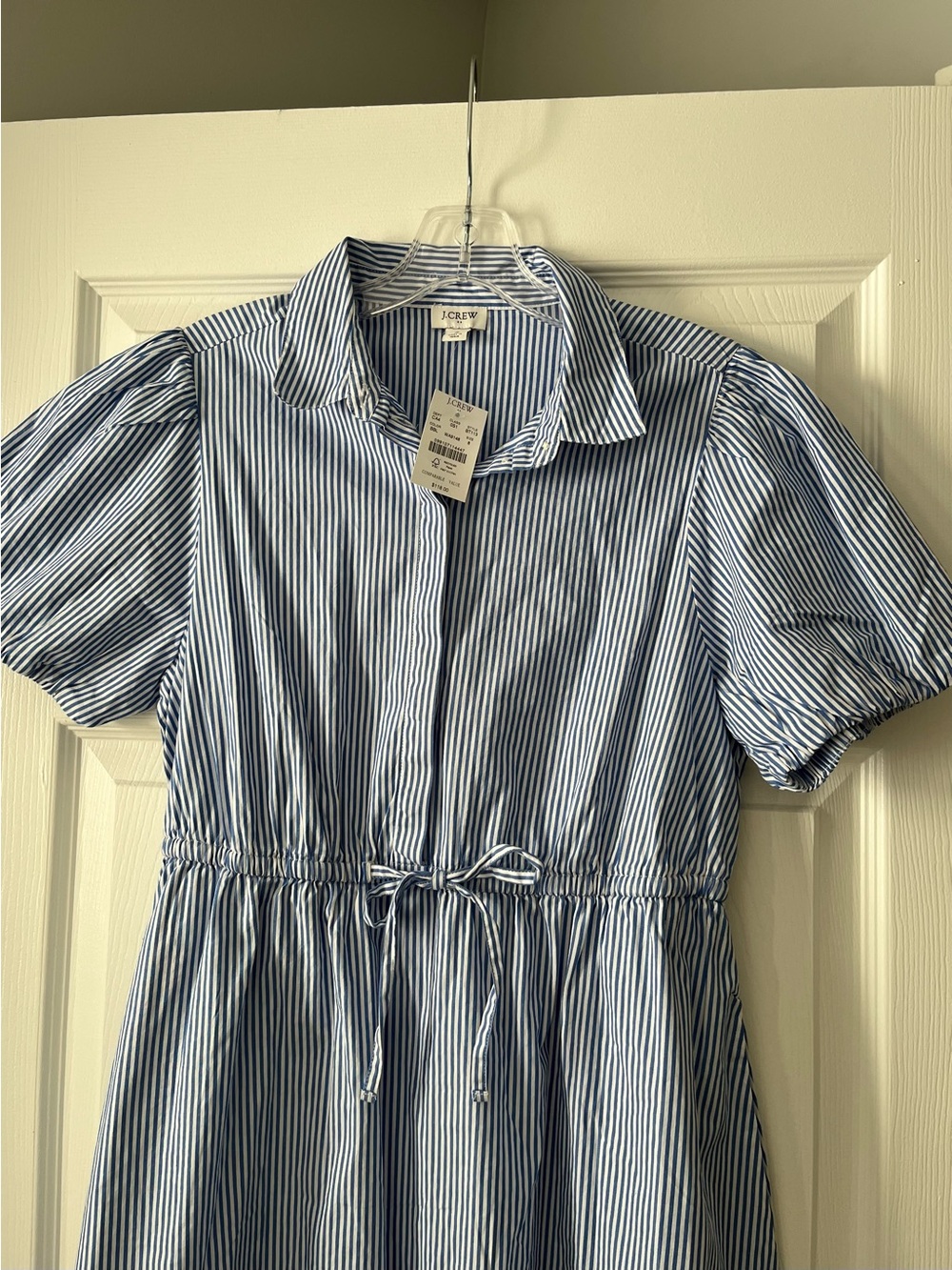J. Crew Blue and White Striped Puff-Sleeve Shirt Dress with Drawstring - Picture 2 of 11